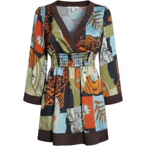 Chance Women Small Patchwork Print Smocked Waist V-Neck Tunic Top Brown